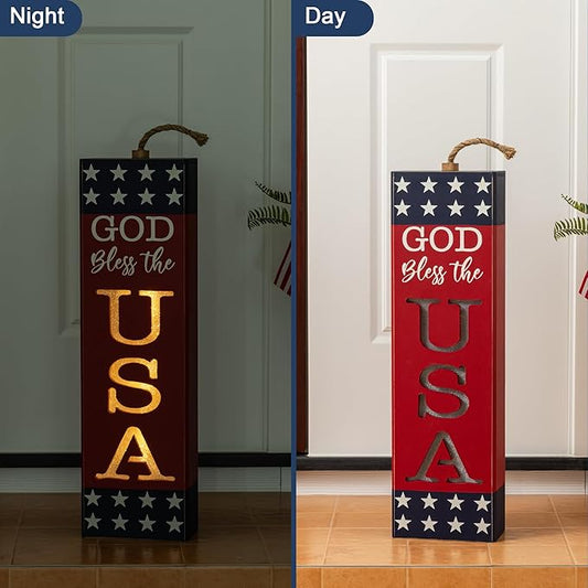 Glitzhome 24.75"H Wooden Patriotic Porch Sign, 4th of July Firecracker Decoration, Rustic Memorial Day Decor, American Flag Independence Day Yard Sign, Home Front Door Decoration
