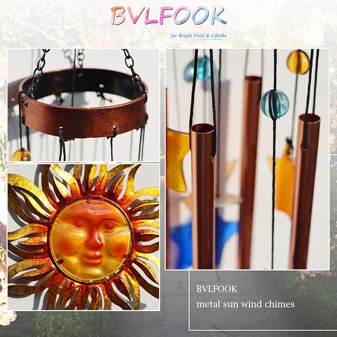 Sun Face Wind Chimes for Outside Valentine Decoration, Aluminum Tubes with Star Shape Suncatcher, Wind Chimes Hanging for Porch Patio Balcony Decor, 37 Inch