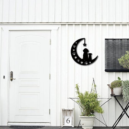 CREATCABIN Metal Moon Wall Decor Black Dog Wall Art Silhouette Pet Paw Print Minimalist Wall Sculpture Statues Hanging Decoration for Farmhouse Garden Balcony Ornament Dog Lovers Gift 11.8 x 11.8 Inch