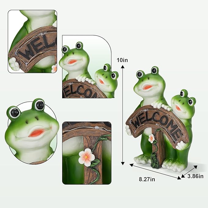 Frog Garden Decor, Frog Solar Garden Statue, 8.26" Frog Outdoor Decor, Outdoor Solar Garden Figurines Decorative Art Housewarming Welcome Sign Gifts for Patio Yard Lawn Ornament