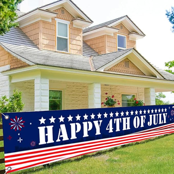 Happy 4th of July Banner 20 * 120inch Decorations Outdoor Patriotic Yard Sign Party Supplies Red White and Blue Stars USA Independence Day Backdrop for Outside Indoor Fence Balcony Garden Decorations