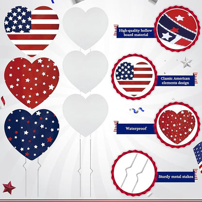 RattanView 6 Pack Outdoor Memorial Day Yard Signs Patriotic Yard Sign with Stakes Red White Blue Stars and Heart Front Porch Decor for Memorial Day Cemetery Lawn Garden Patio Decorations