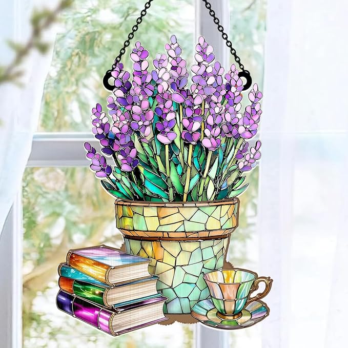 Jesuspirit - Window Hanging Suncatcher – Crystal Clear Acrylic & Wood Sun Catcher for Home Decor, for Women (Nostalgic Lavenders, Books, and Tea, 6 Inches)