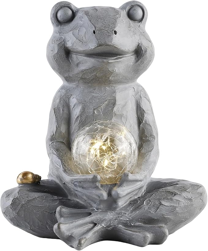 Zen Solar Frog Garden Statue with Crackle Glass Light, Meditation Outdoor Decor, Waterproof Solar Garden Accent, 8.7"