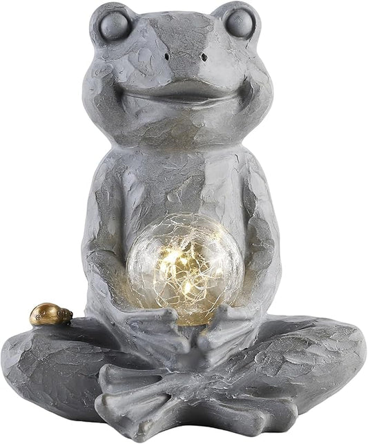 Zen Solar Frog Garden Statue with Crackle Glass Light, Meditation Outdoor Decor, Waterproof Solar Garden Accent, 8.7"