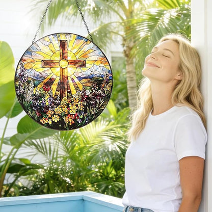 Christian Cross Stained Glass Window Hanging – Round Faith Suncatcher with Chain, Colorful Glass Ornament for Living Room Home Garden Decor Gift, 8 Inch