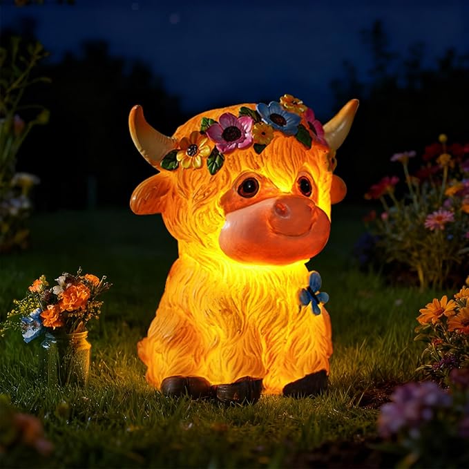 Solar Garden Decor Highland Cow with Flowers Statues Outdoor, Outdoor Figurine Statue Lights, Outdoor Garden Yard Lawn Patio Decoration, Unique House warming Birthday Present for Women Family