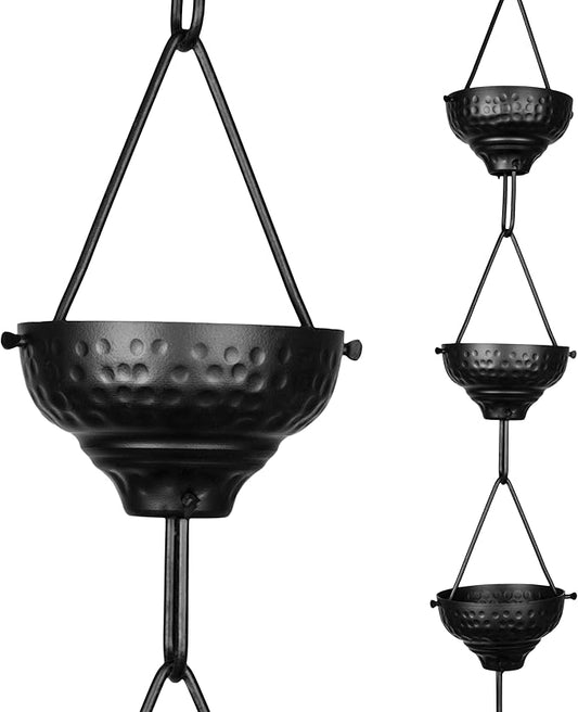 Monarch Rain Chains Aluminum Eastern Cup Black Rain Chains for Gutters – 8.5 ft Black Decorative Rainchain Outdoor Durable Heavy Duty Gutter Chain Downspout, Modern Rainchains for Outside
