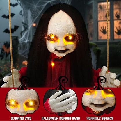 Outdoor Hanging Swinging Girl Halloween Decorations,Lighted Creepy Doll Halloween Dolls Scary Props for Garden Yard Lawn and Haunted House Decorations