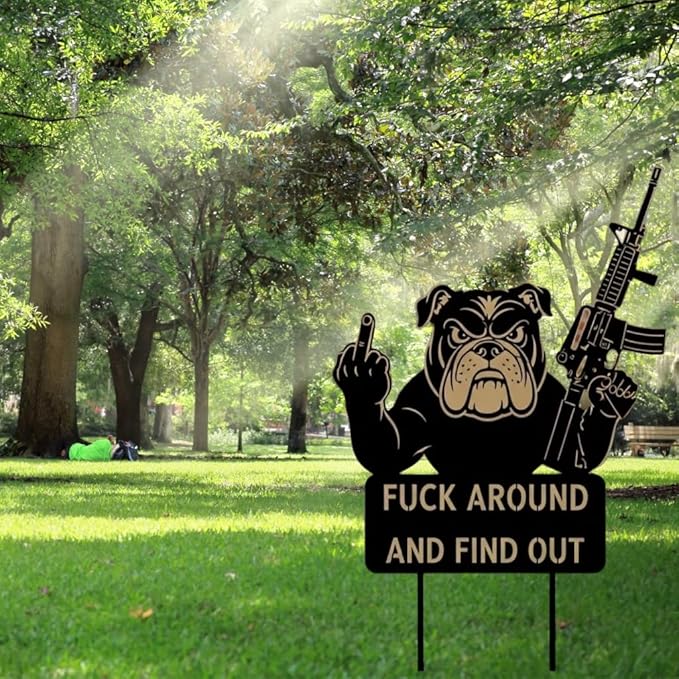 F Around & Find Out Dog Sentry Metal Dogs Silhouette Garden Stake with Middle Finger &Weapon Sign, FAFO Security Sign Middle Finger Dog Statue Decor for Outdoor Yard Patio (Bulldog, 8 * 16")