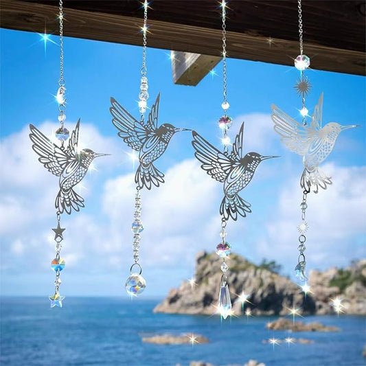 Artilady Suncatcher Hummingbird Wind Chimes for Outside Hanging Prism Crystal Sun Catchers Indoor Window Garden Porch Backyard Decor Birthday for Women Girls (Silver, 4 PCS)