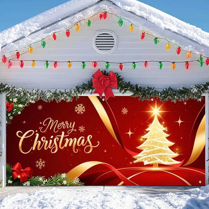 IVN Merry Christmas Garage Door Cover Decoration 13x6ft Golden Ribbon Tree on Red Holiday Christmas Banner Home Garage Door Front Yard Decor for Xmas Eve Winter Scene Holiday Outdoor Background