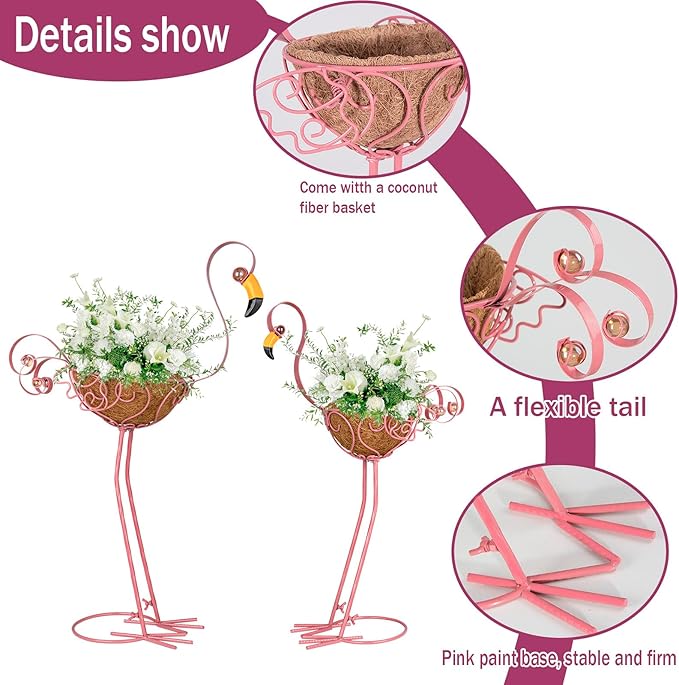 Set of 2 Pink Flamingo Outdoor Planters with Basket, Metal Flamingo Planter for Indoor Outdoor Garden Yard Decor (Flamingo-Planter)