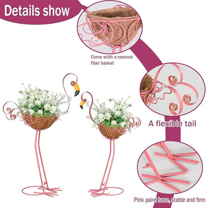 Set of 2 Pink Flamingo Outdoor Planters with Basket, Metal Flamingo Planter for Indoor Outdoor Garden Yard Decor (Flamingo-Planter)