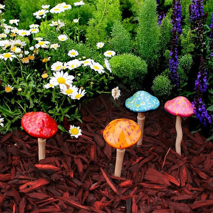 Mushroom Outdoor Decor 4pcs Colorful Ceramic Garden, Lawn, Plants Stake 6.89'' in Height