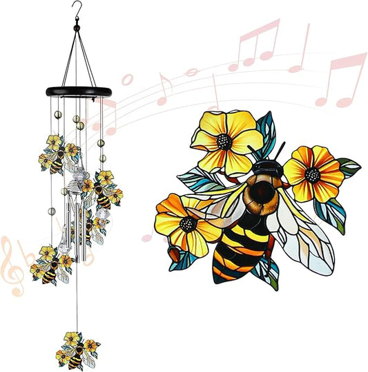 HDCRYSTALGIFTS 27'' Bees Flowers Wind Chimes for Outside Memorial Gifts for Loss of Loved One Mom Dad, Sympathy Chimes Outdoor Garden Patio Home Decor