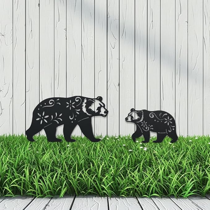 WADORN Bear Metal Outdoor Statues Silhouette, Funny Bear Metal Decorative Garden Stakes Bear Flower Silhouette Ornament Gift Funny Outdoor Decor for Garden Backyard Patio Lawn Walkways Outdoor