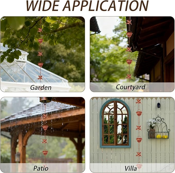 8.8ft Rain Chains for Gutters Outside, Adjustable Hanging Rain Hutter Catcher Chain with 6 Metal Flower Cups & Hummingbird Decor, Downspout Substitute for Garden Drainage and Courtyard
