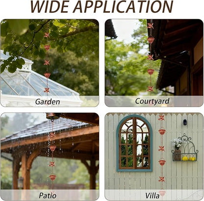 8.8ft Rain Chains for Gutters Outside, Adjustable Hanging Rain Hutter Catcher Chain with 6 Metal Flower Cups & Hummingbird Decor, Downspout Substitute for Garden Drainage and Courtyard
