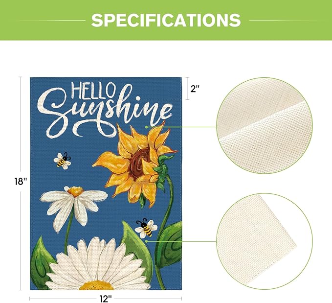AVOIN colorlife Daisy Sunflower Hello Sunshine Garden Flag 12x18 Inch Double Sided, Summer Seasonal Holiday Burlap Yard Outdoor Decoration Blue