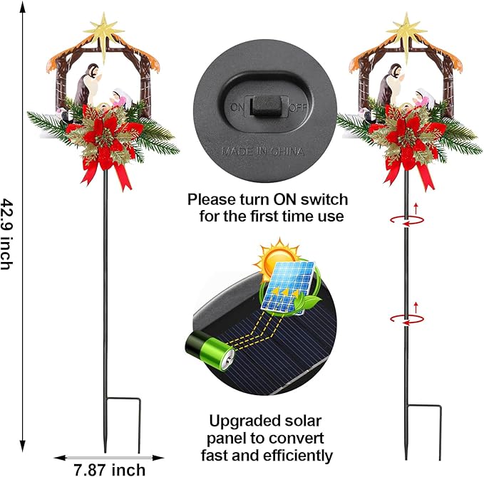 Moukeren 2 Pcs 2 Pcs 3.5ft Nativity Scene Outdoor Yard Stakes, Solar Lighted Outdoor Metal Christmas Nativity Scene Decoration for Christmas Holiday Lawn Garden Yard Decoration (Vivid)
