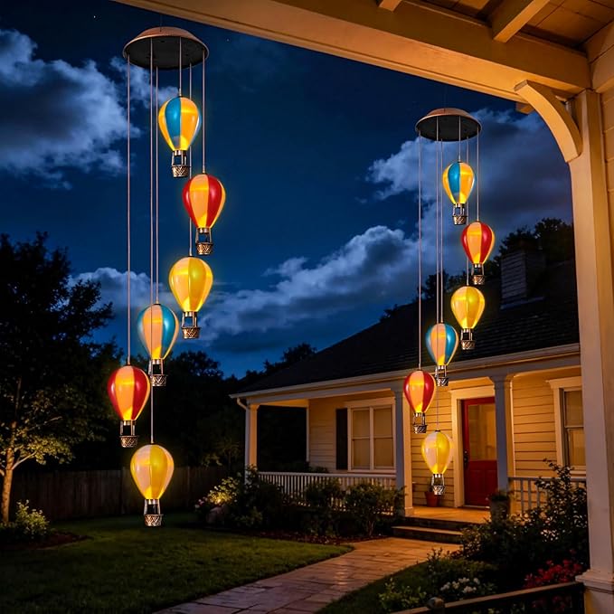 Topstor Hot Air Balloon Solar Wind Chimes for Outside - Outdoor Hanging Decor Garden Gifts for Women Mom Grandma (Stripe)