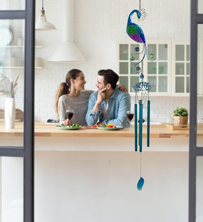 CoTa Global Peacock Wind Chime - Handmade Glass & Metal Chime - Bird Wild Life Hanging Decor - Colorful Home Decor Gift, Indoor & Outdoor Hanging Decoration for Porch, Patio, and Garden - 40.9 Inches