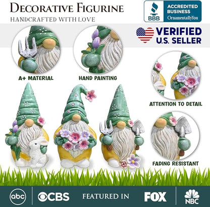 Spring & Summer-Themed Garden Statues – Adorable Outdoor Decor for Lawn, Patio & Porch (Garden Guardians Set of Three 6" Gardening Gnome Figurines, Floral Green and Yellow Statue Decor)