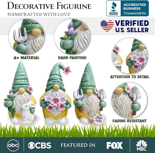 Spring & Summer-Themed Garden Statues – Adorable Outdoor Decor for Lawn, Patio & Porch (Garden Guardians Set of Three 6" Gardening Gnome Figurines, Floral Green and Yellow Statue Decor)