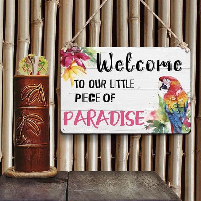 YOYI ART Patio Decor Pool Decorations Outdoor Tiki Bar Signs - Welcome To Our Little Paradise Sign, Beach Metal Tin Sign, Vintage Garden, Patio, Pool, Backyard Decor Wall Art Accessories, 12 x 8 Inch