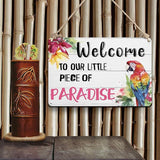 YOYI ART Patio Decor Pool Decorations Outdoor Tiki Bar Signs - Welcome To Our Little Paradise Sign, Beach Metal Tin Sign, Vintage Garden, Patio, Pool, Backyard Decor Wall Art Accessories, 12 x 8 Inch