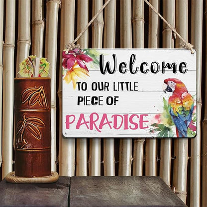 YOYI ART Patio Decor Pool Decorations Outdoor Tiki Bar Signs - Welcome To Our Little Paradise Sign, Beach Metal Tin Sign, Vintage Garden, Patio, Pool, Backyard Decor Wall Art Accessories, 12 x 8 Inch