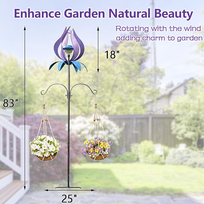 Multifunction Solar Wind Spinner Outdoor with Shepherd Hooks MANORTANG 83 Inch Valentine Metal Large Landscape Light Double Coconut Basket LED Windmill Outdoor Decoration for Yard Patios (Purple)