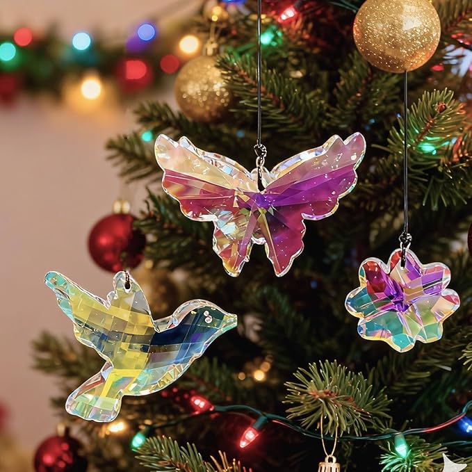 SNAIL GARDEN 3PCS Crystal Prism Suncatcher - Butterfly, Bird & Lucky Four-Leaf Clover, 1.69-3.35in Sun Catcher Crystals, Hanging Crystals for Windows, Patio, Yard, Home Garden
