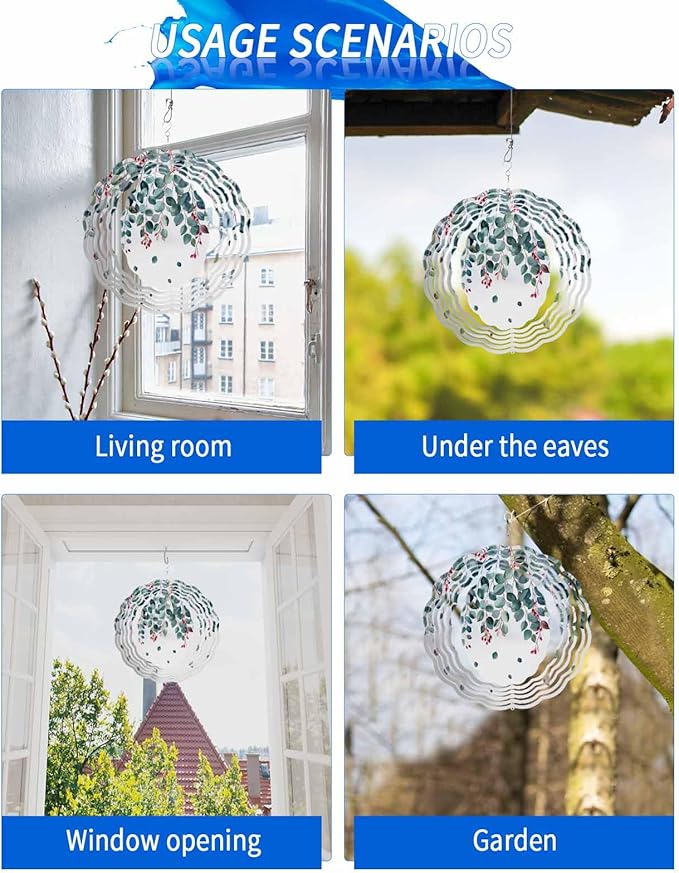 Stainless Steel Wind Spinner for Yard Garden Decoration, Leaves Branch Fruit Watercolor Spring Summer Round Wind Sculpture Spinner 3D Crafts Hanging Ornaments for Indoor Outdoor, 8 Inch