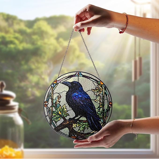 7.8" Crow Stained Glass Suncatchers Art Glass Ravens for Sun Catcher Indoor Gothic Gifts for Pet Animal Nature Floral Lovers Women Grandma Mom Friend Painted Panel Décor BIRD-04B-SG8