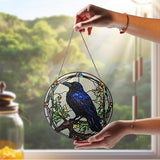 7.8" Crow Stained Glass Suncatchers Art Glass Ravens for Sun Catcher Indoor Gothic Gifts for Pet Animal Nature Floral Lovers Women Grandma Mom Friend Painted Panel Décor BIRD-04B-SG8