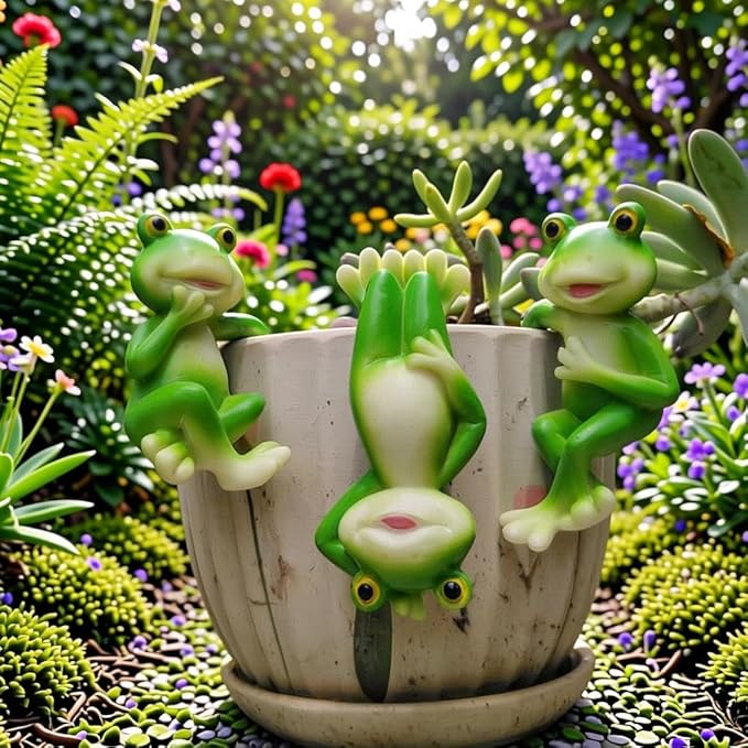 3 Pieces of Outdoor Courtyard Climbing Frog Statue Decoration, Outdoor Fairy Garden Resin Crafts, Flower Pot Landscape Frog, Miniature Landscape Pendant Accessories