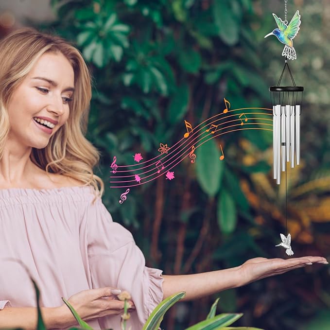 Outdoors Hummingbird Wind Chimes Sympathy Memorial for Loss of Loved One - Soothing Melodic Tones Aluminum Chime Great as a Gift for Your Patio Porch Garden and Backyard (Silvery, Hummingbird)
