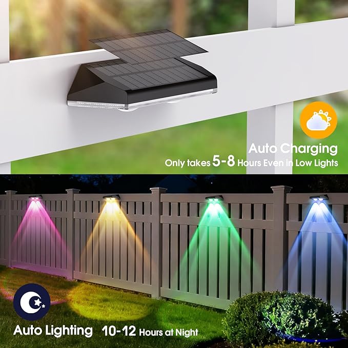 AUDLES Solar Fence Lights Outdoor, 8 Modes Warm & RGB 6 Color Fence Lights Solar Powered for Outside, IP65 Waterproof, 60 Lumens Solar Light for Step, Pathway, Garden, Deck, Stairs - 12 Pack