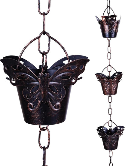 Topadorn 8.5FT Butterfly Rain Chain, Rain Chains for Gutters with 12 Cups, Adjustable Rain Catcher Chain with Bell for Eaves Drainage, Rain Collector for Enhanced Outside Yard Appeal