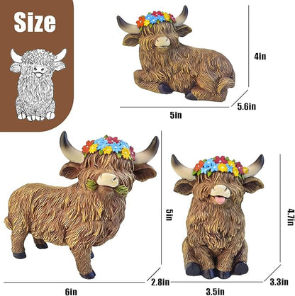LEGIFO Highland Cow Figurine Set of 3, Funny Art Sculpture for Garden Backyard Patio Lawn Decorations, Outdoor Decor Statue Gift for Women Mom Grandma, Christmas Birthday