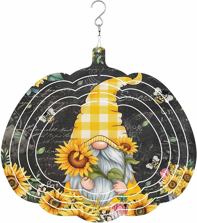 Gnomes Black Wind Spinners Outdoor Inoor,Decorative Hanging Pumpkin Ornaments for Yard Patio Garden,Yellow Sunflower Floral Bee Summer Spring Stainless Steel Metal Wind Sculpture Suspension Trim,10"