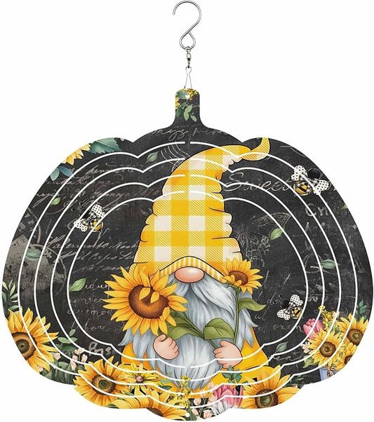 Gnomes Black Wind Spinners Outdoor Inoor,Decorative Hanging Pumpkin Ornaments for Yard Patio Garden,Yellow Sunflower Floral Bee Summer Spring Stainless Steel Metal Wind Sculpture Suspension Trim,10"