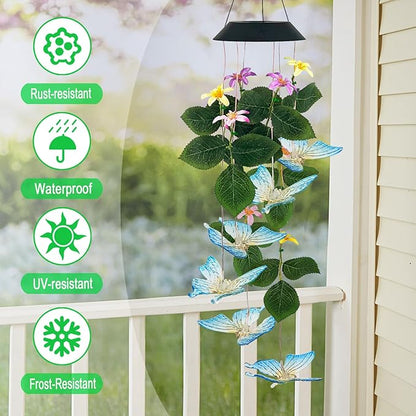 Butterfly Solar Wind Chimes Outside,Color Changing Solar Lights Dangler Mobiles for Outdoor,Hanging Decoraition for Patio,Porch,Yard,Gifts for Women