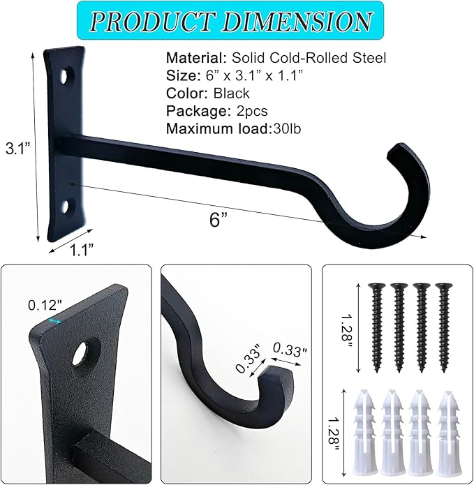 QIEGL 6inch Heavy Duty Hanging Plant Brackets 2pcs Bird Feeder Hanger Decorative Hooks Outdoor or Indoor Plant Hangers Shepherd Hooks Black Metal Wall Hook for Lantern, Flower Basket, Wind Chimes