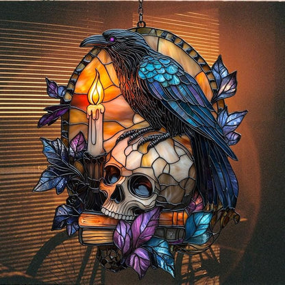 Raven and Skull Acrylic Suncatcher Stained Glass Effect Window Car Hanging Christmas Ornament Indoor Outdoor Decor Garden Sun Catcher Panel for Gothic Lover for Women Mom Grandma