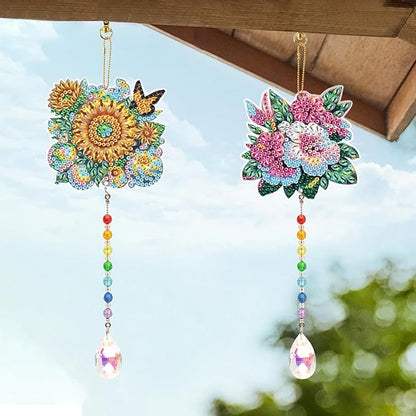 MVVMTOP 2pcs Diamond Art Painting Wind Chime with Crystal Pendant, DIY Flowers Double-Sided Design Special Shape Acrylic Crystal Diamond Ornament, Home Window Garden Hanging Pendant Decoration
