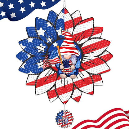 Sunflower American Flag Gnome Patriotic Wind Spinners Outdoor for Yard and Garden,12 Inch 3D Stainless Steel Metal Hanging Kinetic Wind Sculpture, Independence Day Decor Indoor Art