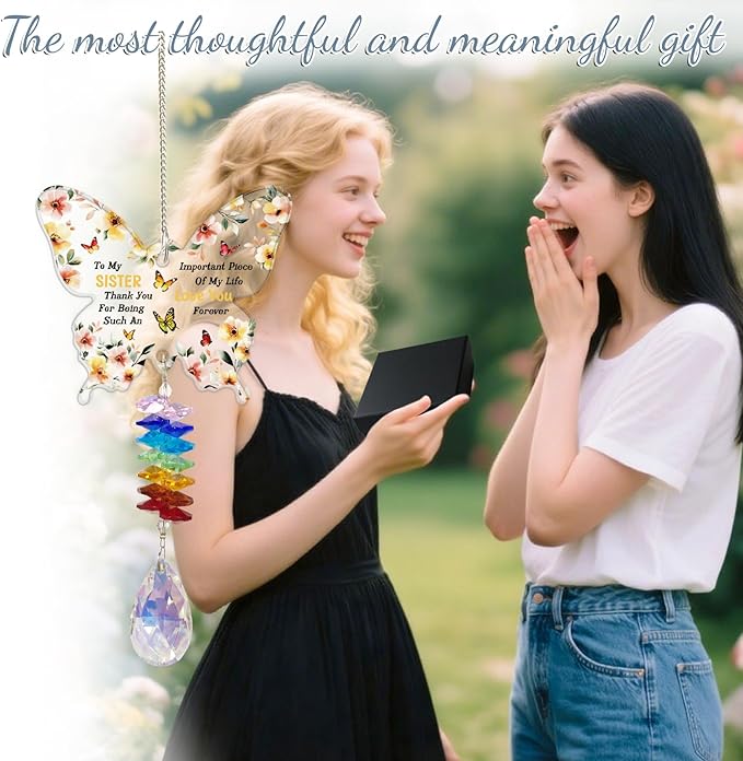 GLOBLELAND Flowers Crystal Suncatcher Gifts for Sisters Butterfly-Shaped Crystal Suncatcher Hanging Ornament Birthday Graduation Anniversary Presents for Sister Bestie Good Friends